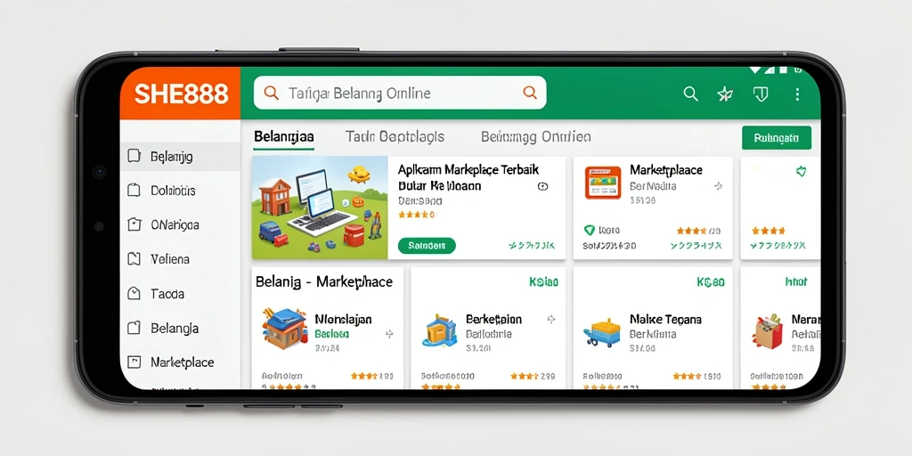 Tampilan antarmuka aplikasi SHE888 dengan berbagai pilihan produk.